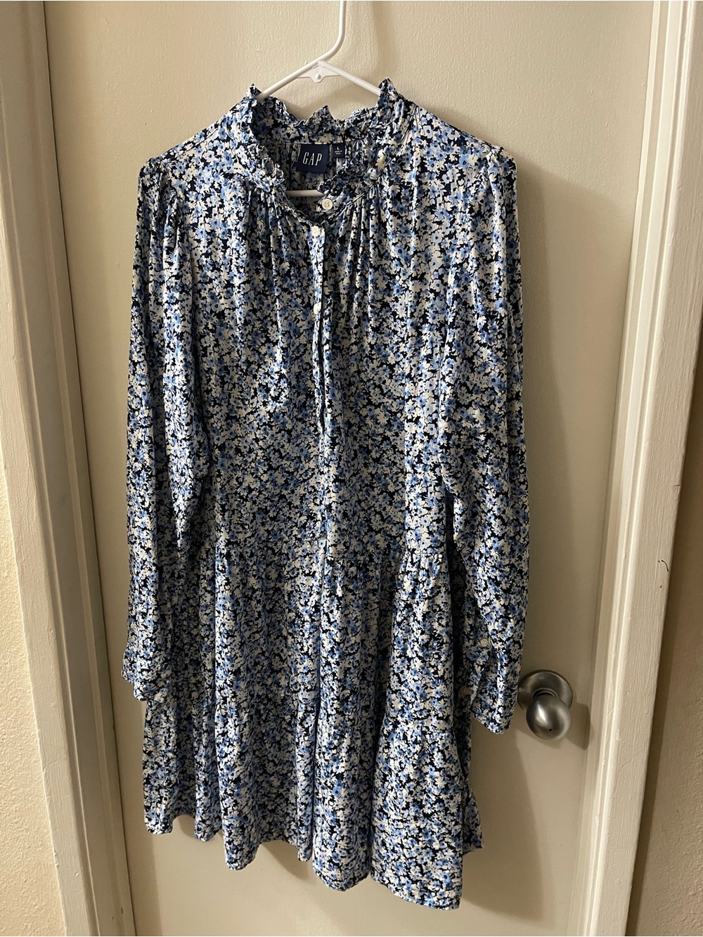 GAP Blue and White Floral Long-Sleeve Ruffle-Neck Dress